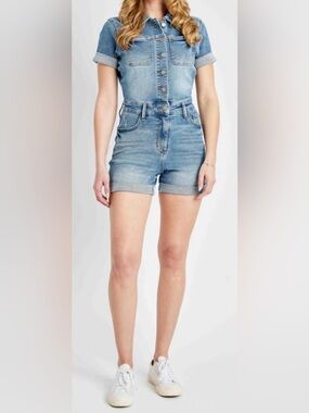 Judy Blue Women’s Size XL Button-Up Short Sleeve High Rise Jean Romper Stretch